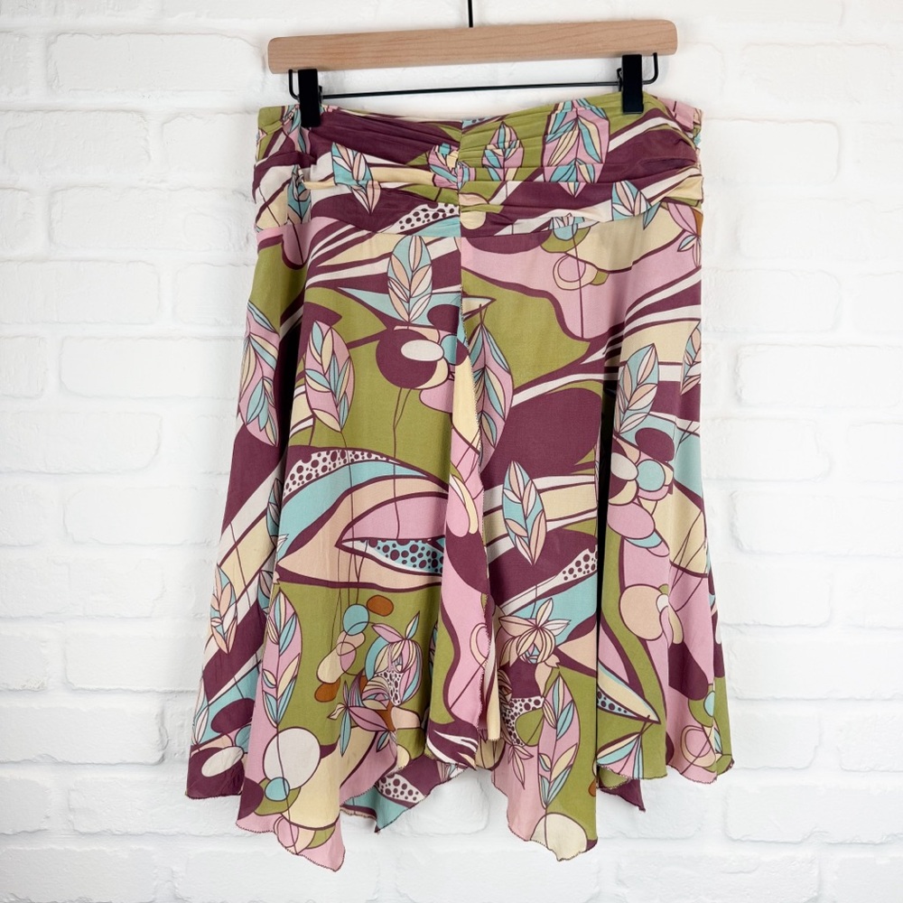 Nicole Miller Collection Abstract Leaf Print Handkerhief Hem Skirt Silk 10